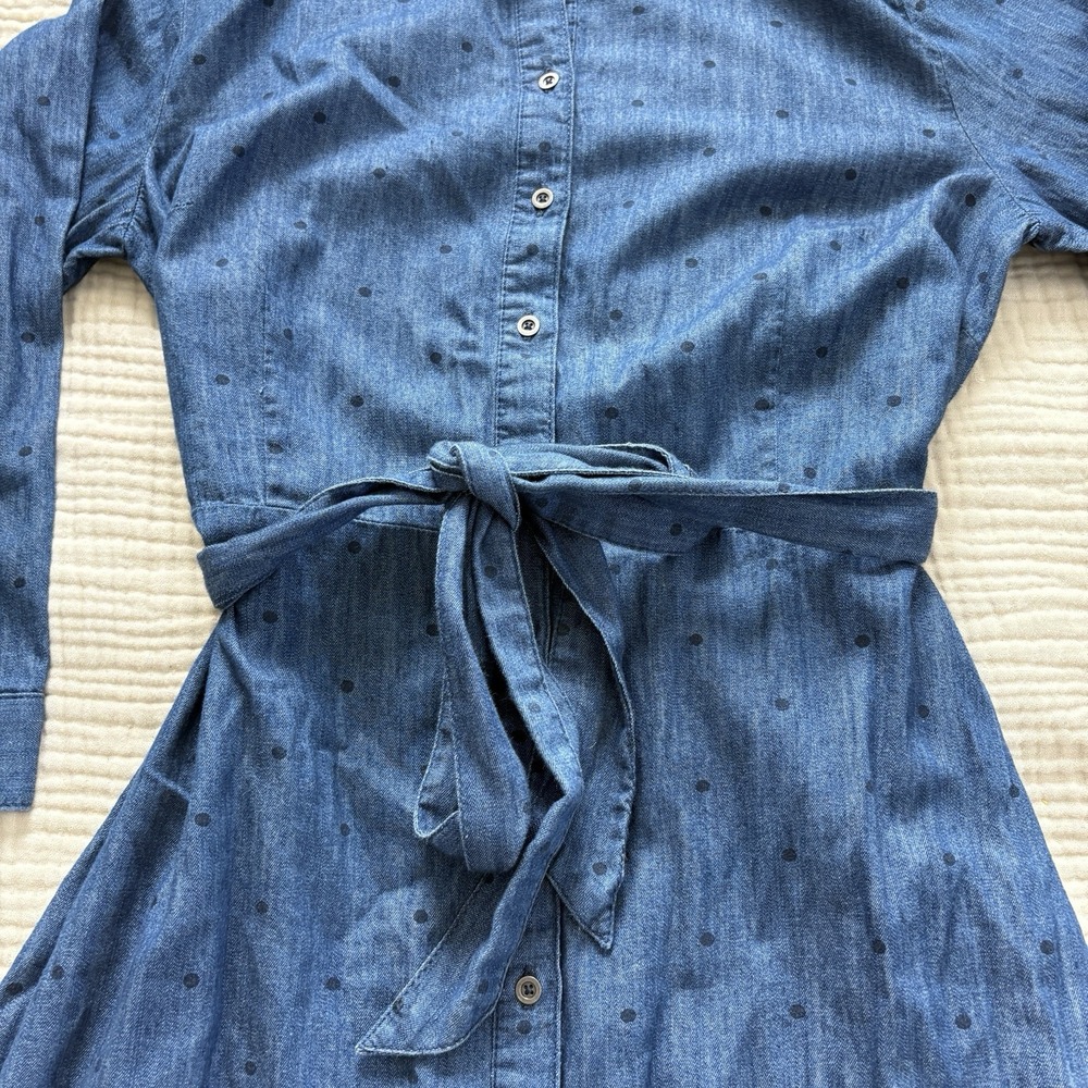 Talbots Denim Polka Dot Belted shirt dress Chambray button front midi blue‎ 10 P - Picture 3 of 10